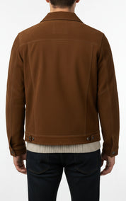 model-back-details - Men brown suede trucker jacket, Men trucker suede shirt collared jacket