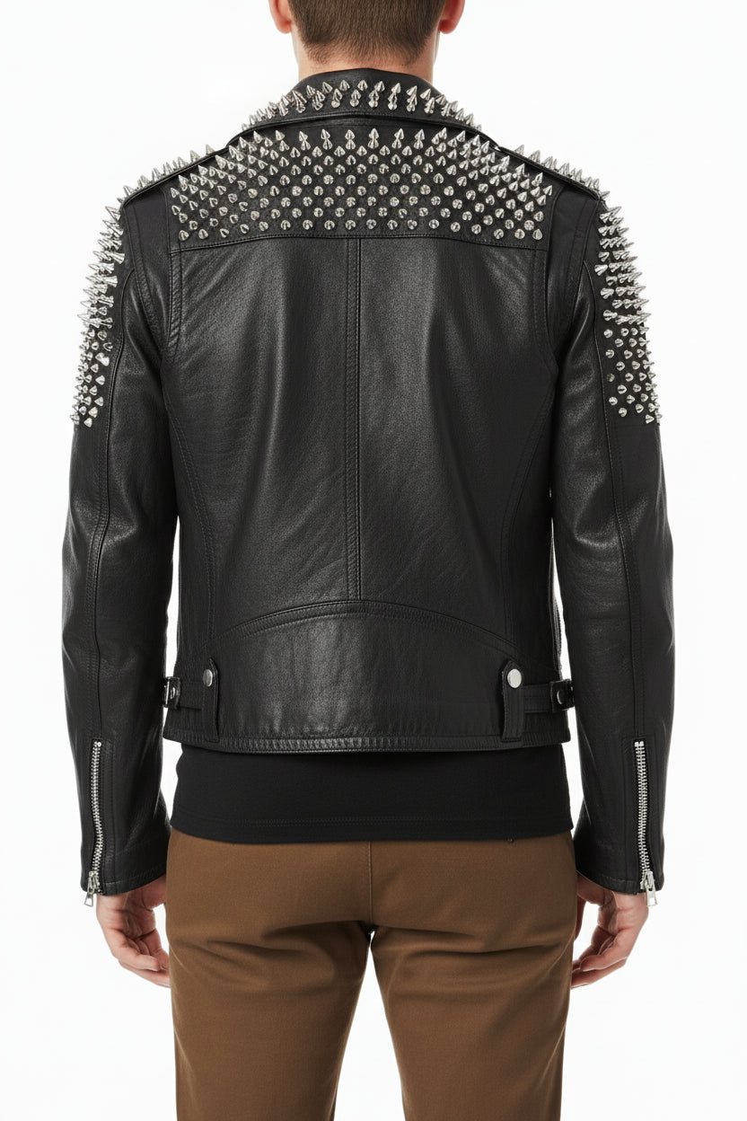 model-back-details - Men Casual Black Silver Studded Rocker Punk Style Biker Leather Jacket