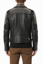 model-back-details - Men Casual Black Silver Studded Rocker Punk Style Biker Leather Jacket