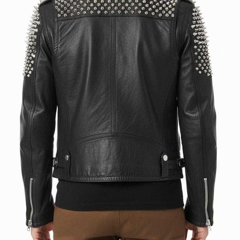 model-back-details - Men Casual Black Silver Studded Rocker Punk Style Biker Leather Jacket