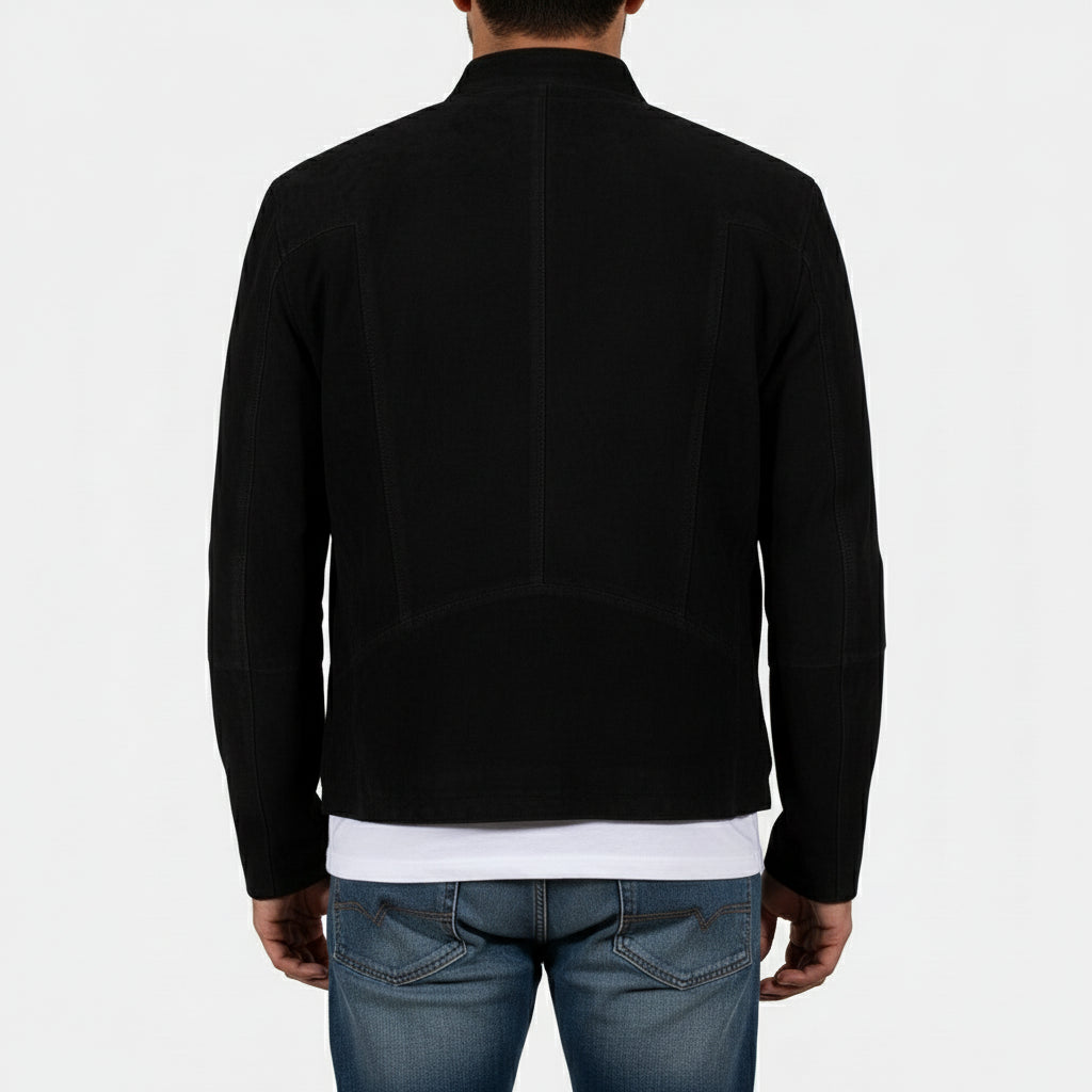 model-back-details - Men charcoal Black jacket, suede slim fit jacket, black suede jacket men