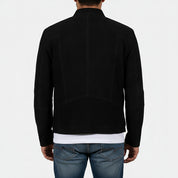 model-back-details - Men charcoal Black jacket, suede slim fit jacket, black suede jacket men