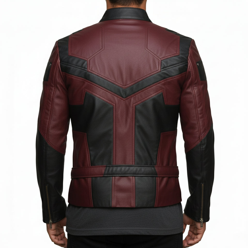 model-back-details - Men Charlie Cox Daredevil Costume Leather Jacket Maroon Black Contrast