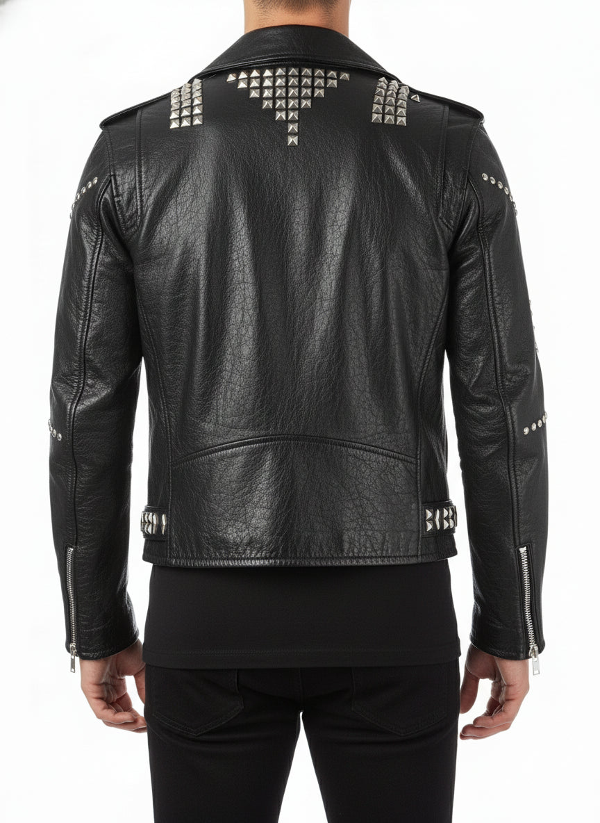 model-back-details - Men Classic Sliver Studded Leather Motorcycle Jacket, Biker Leather Jacket