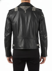 model-back-details - Men Classic Sliver Studded Leather Motorcycle Jacket, Biker Leather Jacket