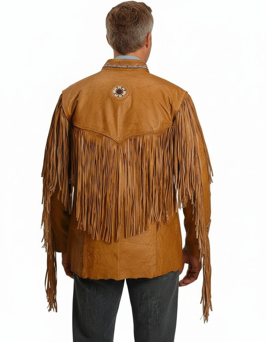 model-back-details - Men Cowboy Style Leather Jacket, Western Style Fringe Leather Jackets