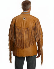 model-back-details - Men Cowboy Style Leather Jacket, Western Style Fringe Leather Jackets