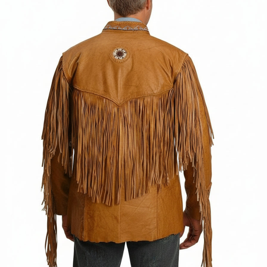 model-back-details - Men Cowboy Style Leather Jacket, Western Style Fringe Leather Jackets