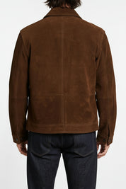 model-back-details - Men dark brown suede trucker jacket, Brown trucker suede jacket