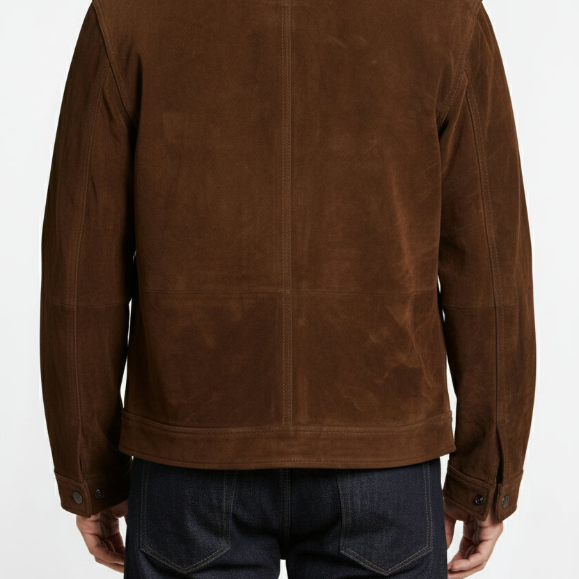 model-back-details - Men dark brown suede trucker jacket, Brown trucker suede jacket