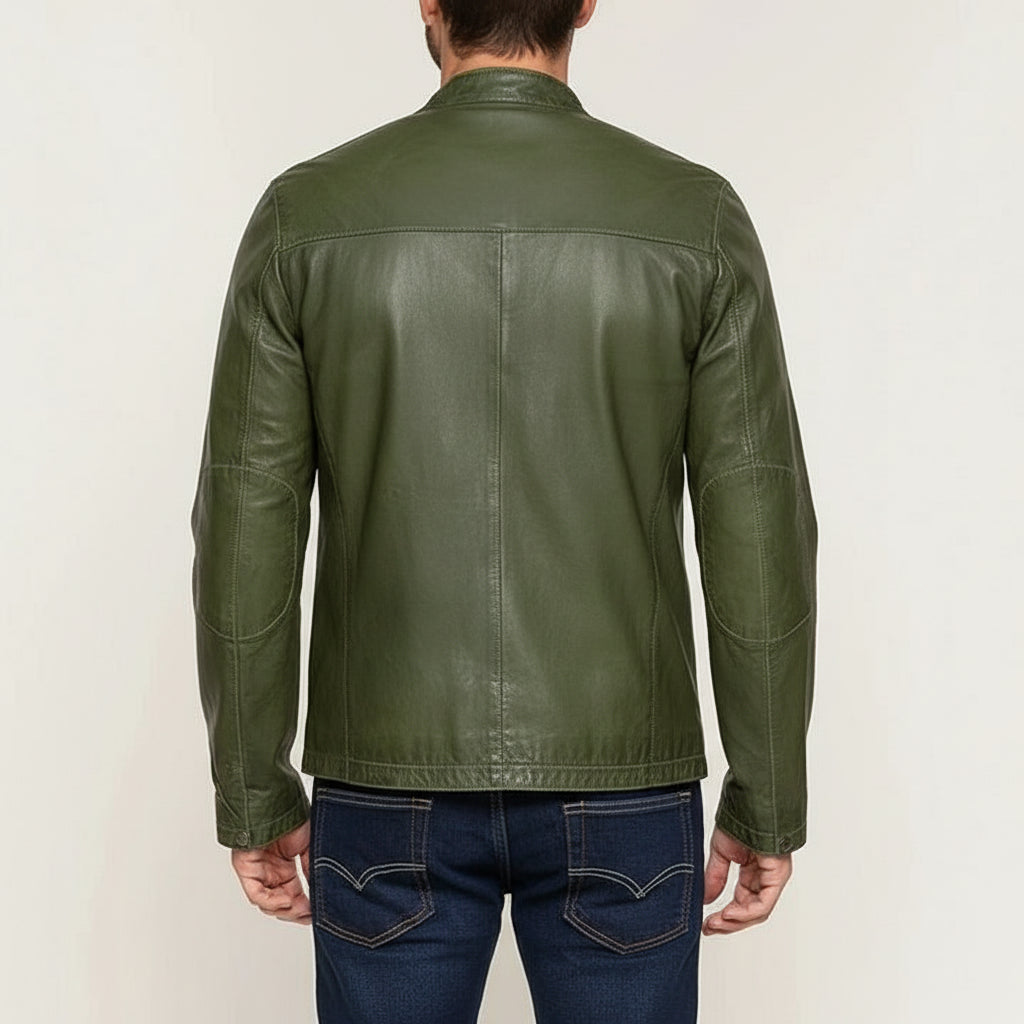 model-back-details - Men Green Slim fit leather jacket, real leather biker jacket