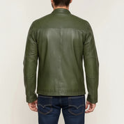 model-back-details - Men Green Slim fit leather jacket, real leather biker jacket