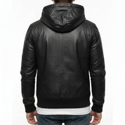 model-back-details - Men Korean Style Hooded Leather Jacket, Slim Fit Leather Jacket