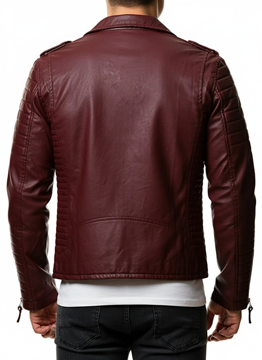 model-back-details - Men Maroon color Fashion leather Jacket, quilted leather jacket