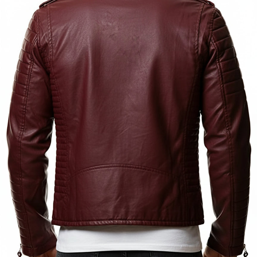 model-back-details - Men Maroon color Fashion leather Jacket, quilted leather jacket