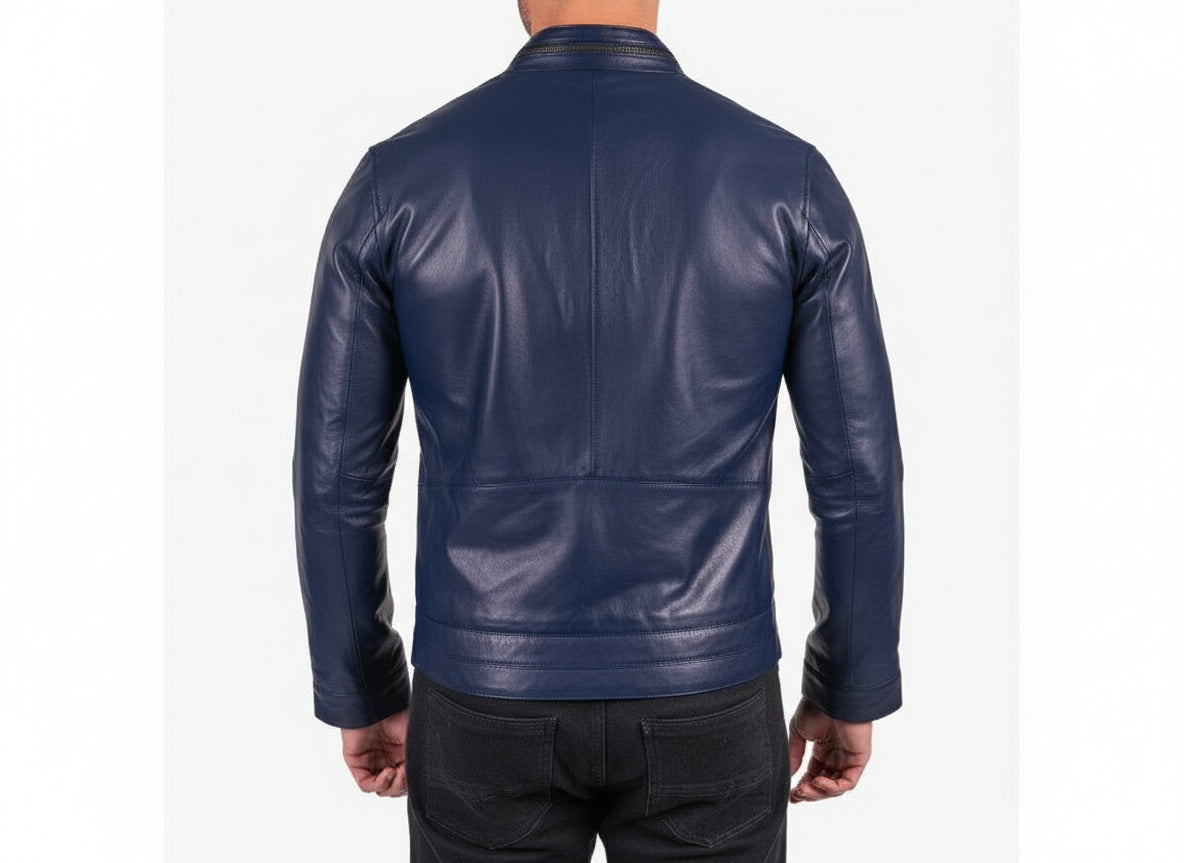model-back-details - Men Navy blue biker leather Jacket, Blue motorcycle jacket, jacket for men