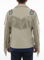 model-back-details - Men Sculley Beige Finished Cow Suede Leather Jacket Western Wear Beads & Fringe