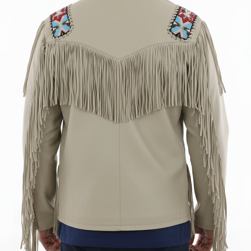 model-back-details - Men Sculley Beige Finished Cow Suede Leather Jacket Western Wear Beads & Fringe