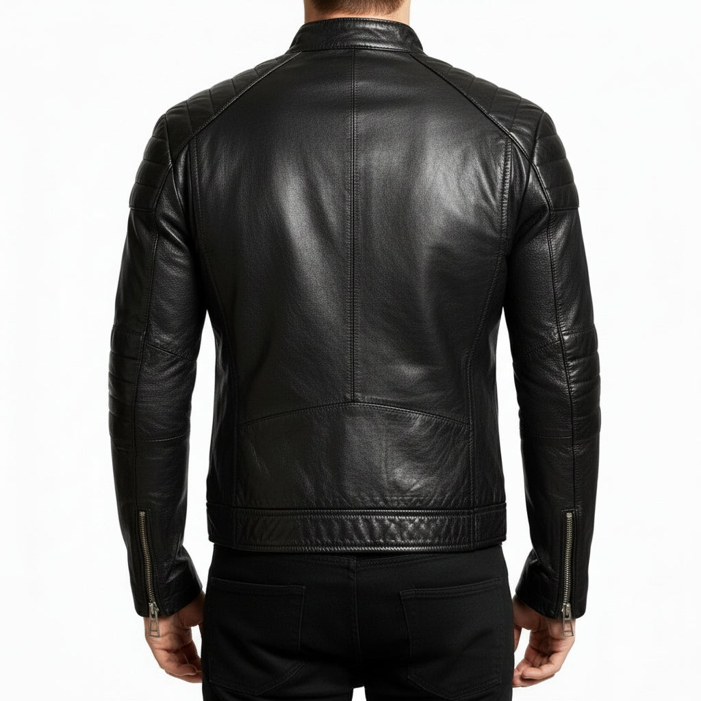model-back-details - Men Slim Fit Black Sheep Leather Biker Jacket, Men Premium Leather Motorcycle Jacket