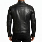model-back-details - Men Slim Fit Black Sheep Leather Biker Jacket, Men Premium Leather Motorcycle Jacket