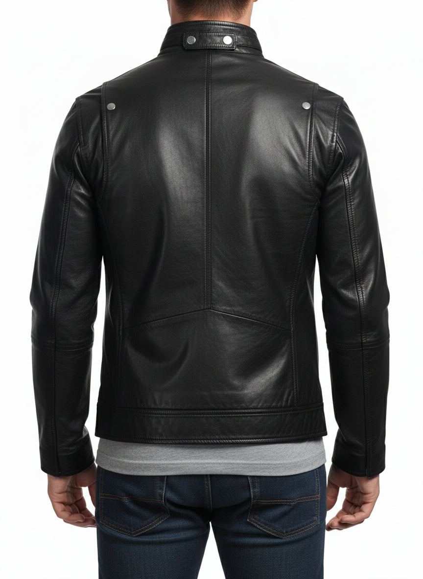 model-back-details - Men Stand Collar Leather Jacket, Black Jacket, 's Biker Leather Jackets