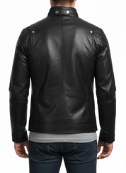 model-back-details - Men Stand Collar Leather Jacket, Black Jacket, 's Biker Leather Jackets