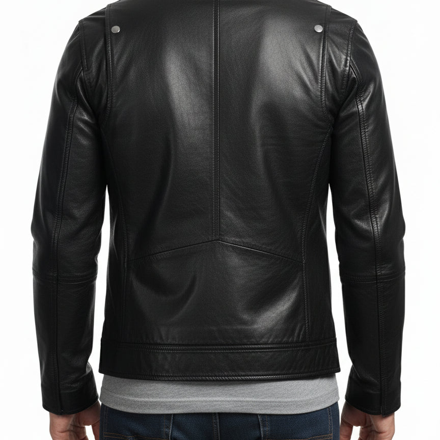 model-back-details - Men Stand Collar Leather Jacket, Black Jacket, 's Biker Leather Jackets