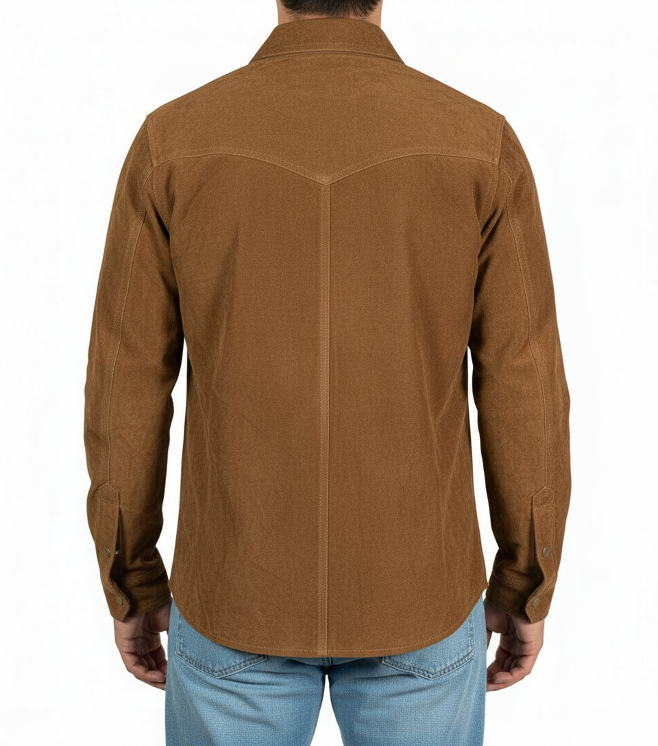 model-back-details - Men tan suede leather Shirt, tan brown flap pockets leather shirt jacket