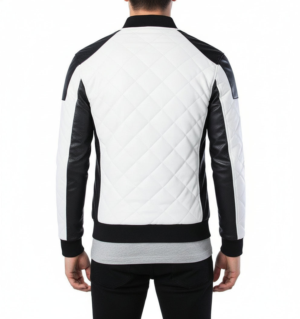 model-back-details - Men Two Tone Quilted Leather Jacket Mens Fashion Stand Collar Rider Jacket