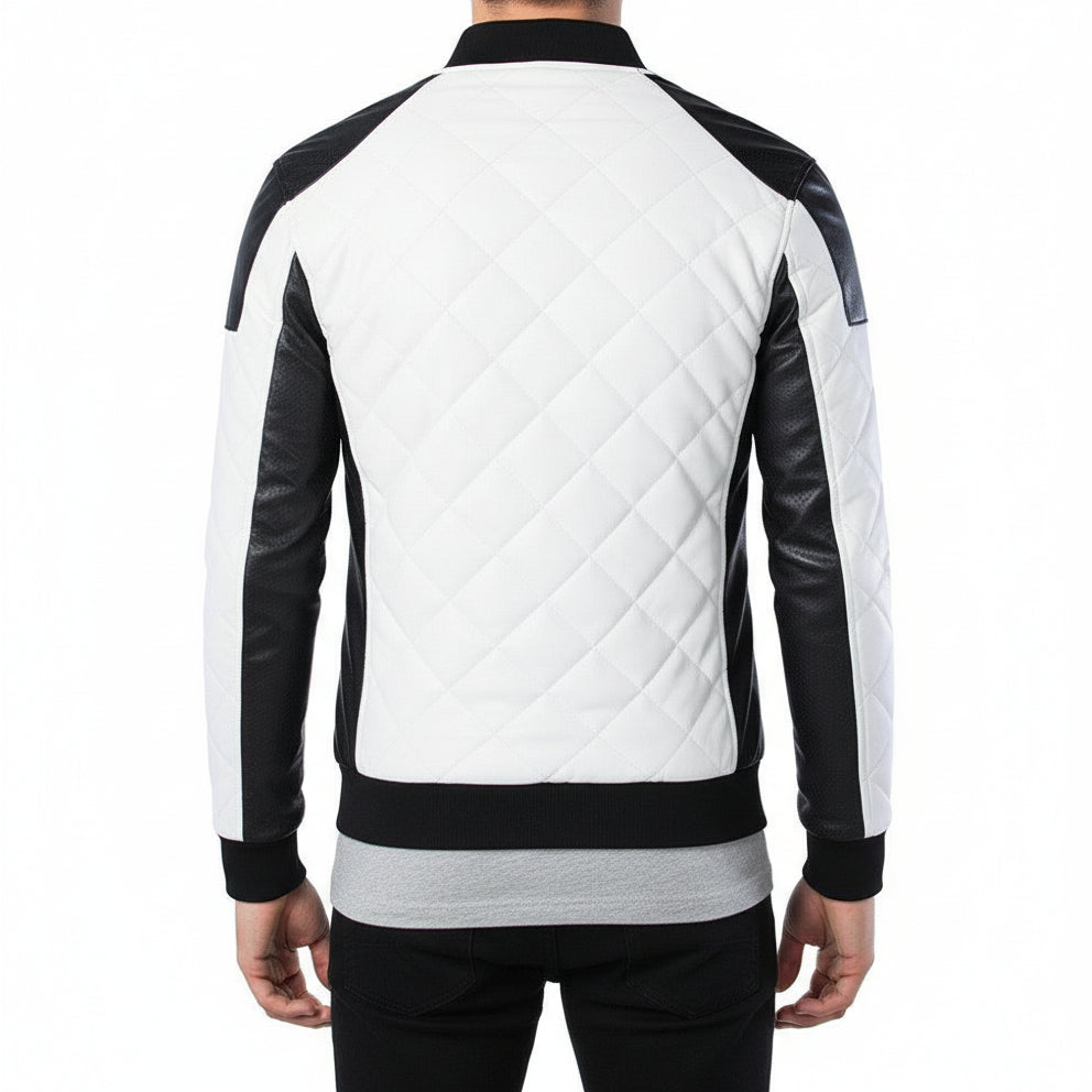 model-back-details - Men Two Tone Quilted Leather Jacket Mens Fashion Stand Collar Rider Jacket