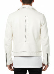model-back-details - Men White Studded Leather Jacket, Motorcycle Fashion Leather Jackets