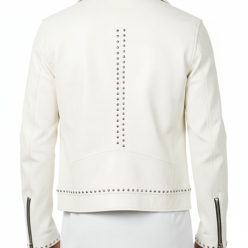 model-back-details - Men White Studded Leather Jacket, Motorcycle Fashion Leather Jackets