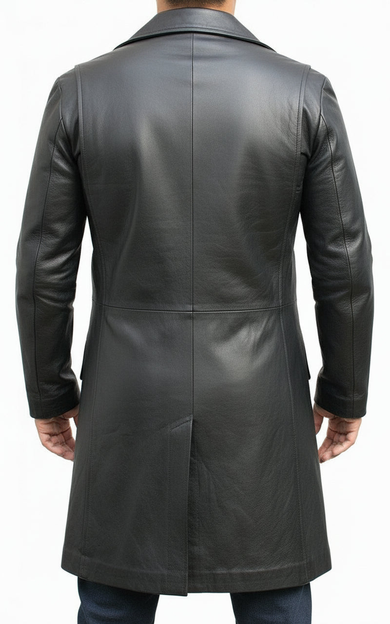 model-back-details - Mens Bespoke Long Coat Fashion Leather Jacket Real Cowhide Leather Jacket