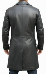 model-back-details - Mens Bespoke Long Coat Fashion Leather Jacket Real Cowhide Leather Jacket