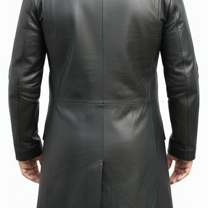 model-back-details - Mens Bespoke Long Coat Fashion Leather Jacket Real Cowhide Leather Jacket