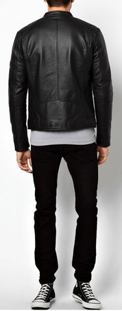 model-back-details - Men's Biker Leather Jacket, Black Leather Jacket Mens