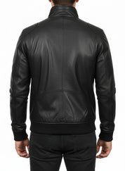 model-back-details - Mens Biker Leather Jacket, Men Slim Fit Black Biker Leather Jacket