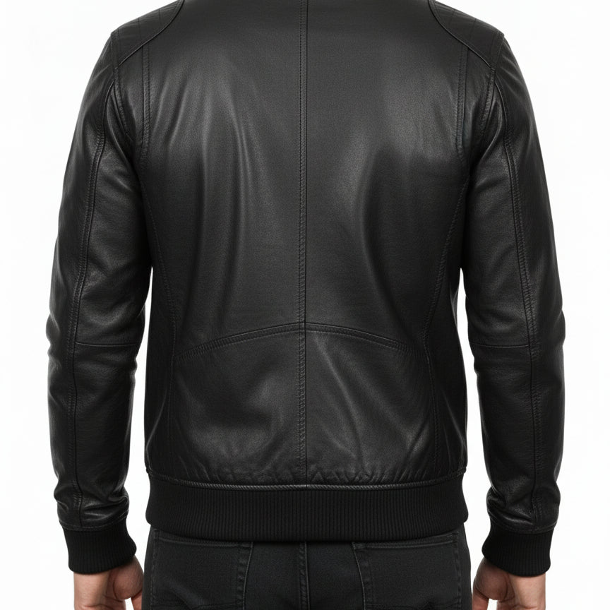 model-back-details - Mens Biker Leather Jacket, Men Slim Fit Black Biker Leather Jacket