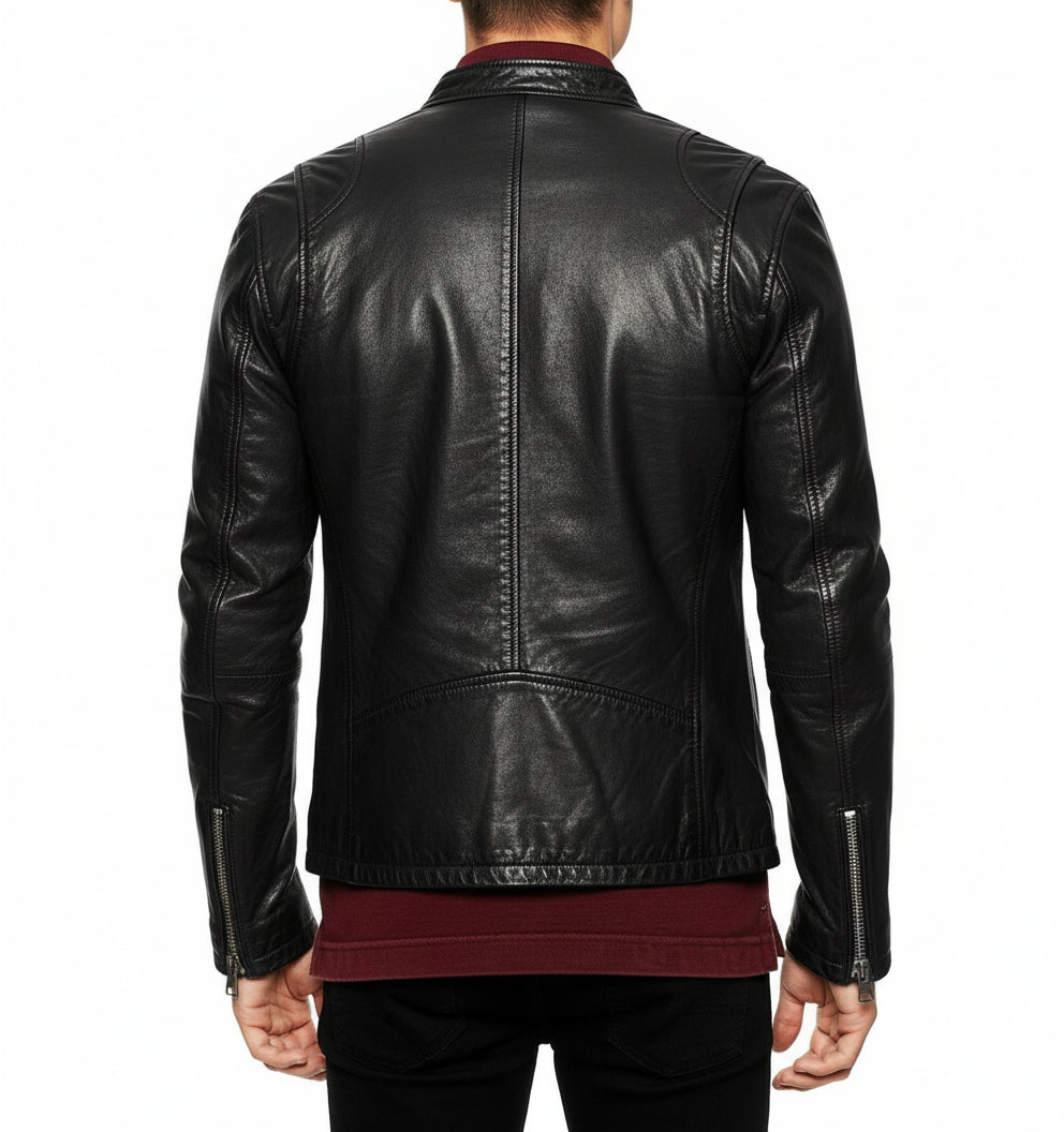 model-back-details - Men's Biker Leather Jacket, Stylish Black Leather Jacket for Men