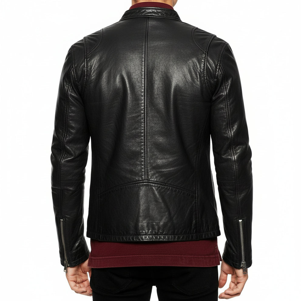 model-back-details - Men's Biker Leather Jacket, Stylish Black Leather Jacket for Men