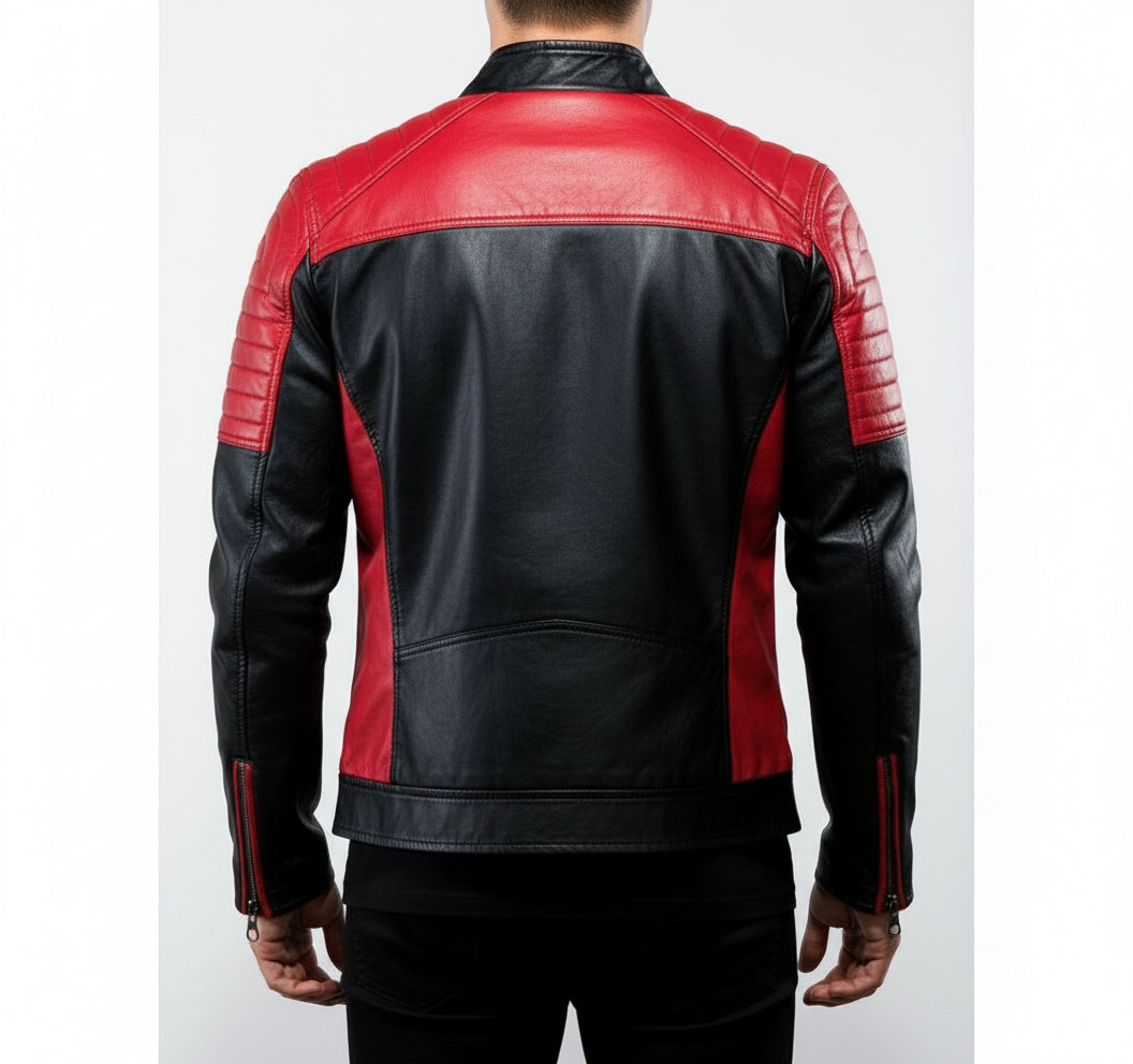 model-back-details - Men's Black and Red Leather Biker Jacket