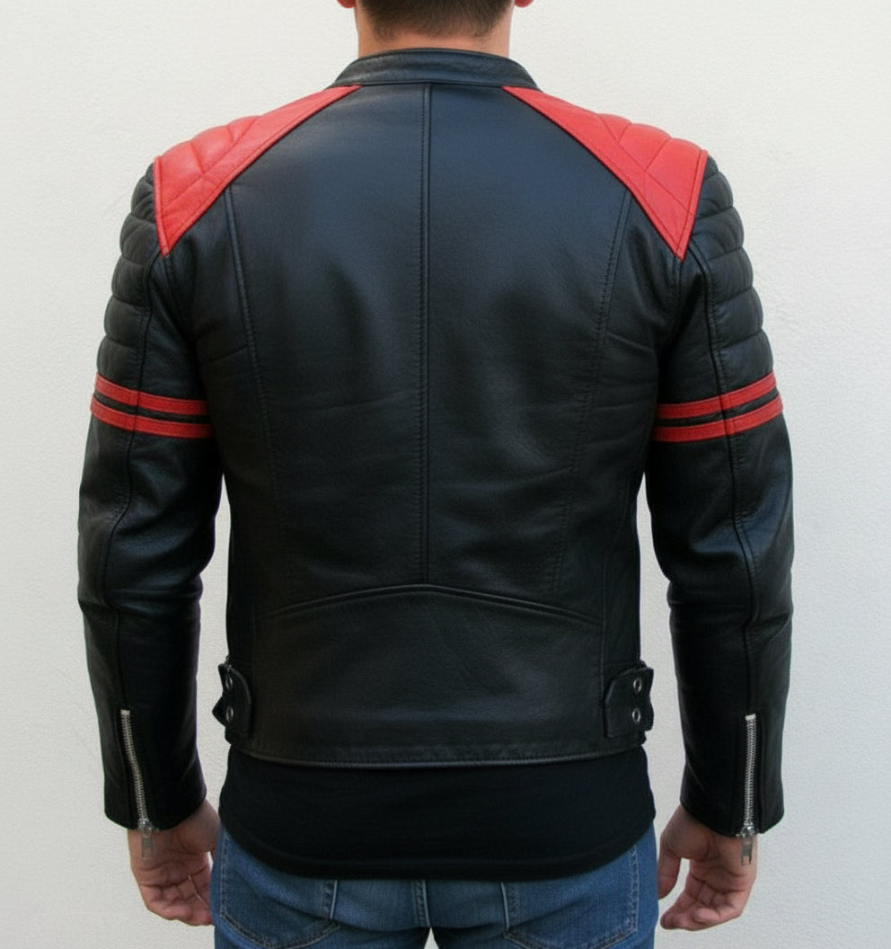 model-back-details - Men's Black and Red Leather Jacket with Zipper Closure