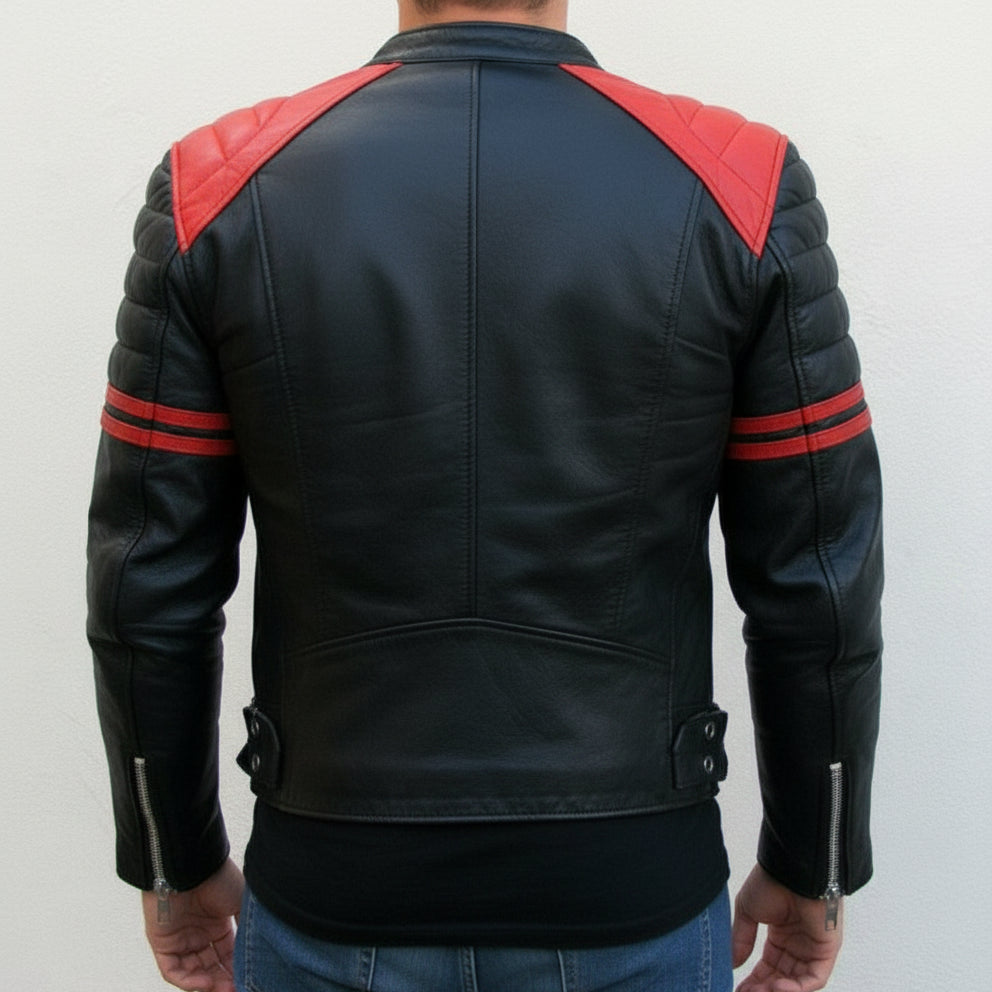 model-back-details - Men's Black and Red Leather Jacket with Zipper Closure