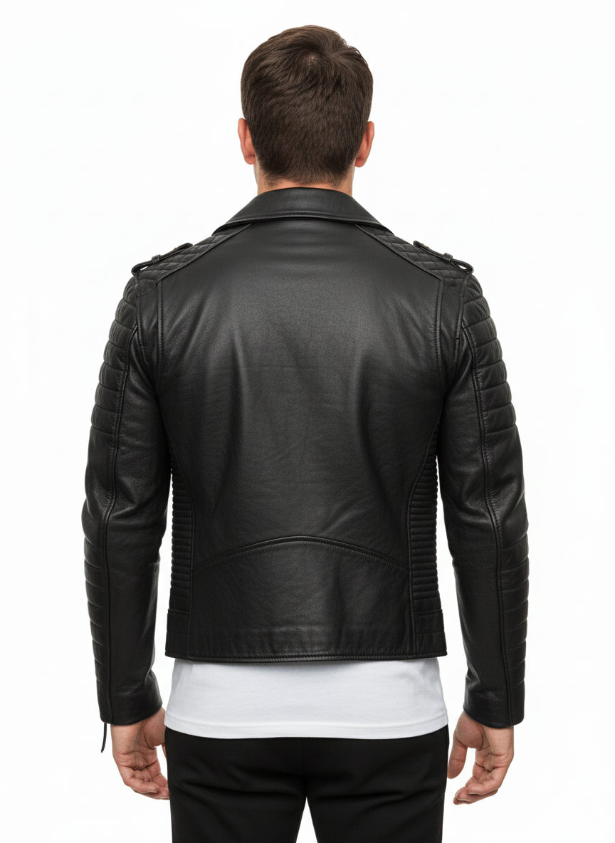 model-back-details - Men's Black Biker Leather Jacket with Customization Options