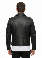 model-back-details - Men's Black Biker Leather Jacket with Customization Options