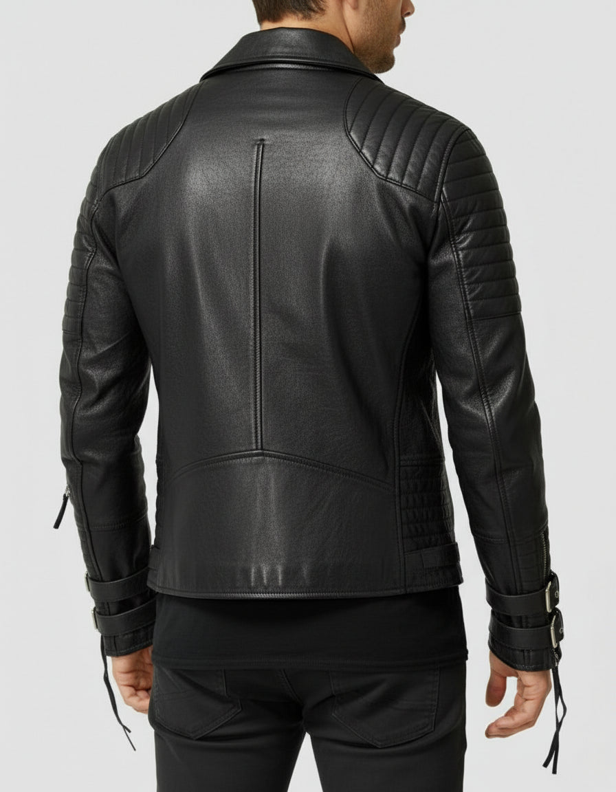 model-back-details - Men's Black Biker Leather Jacket with Multi Pockets