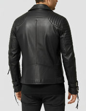 model-back-details - Men's Black Biker Leather Jacket with Multi Pockets