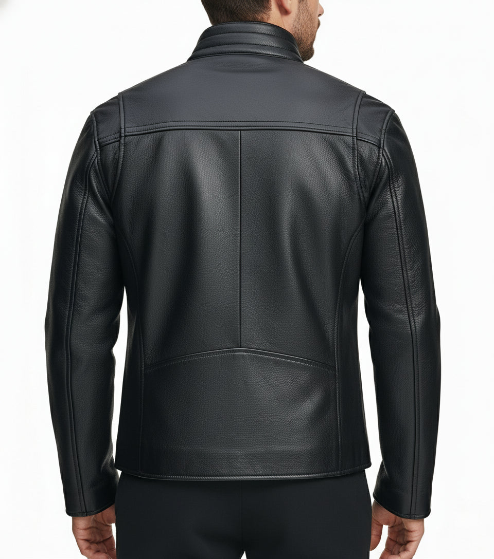 model-back-details - Men's Black Cowhide Leather Motorcycle Jacket