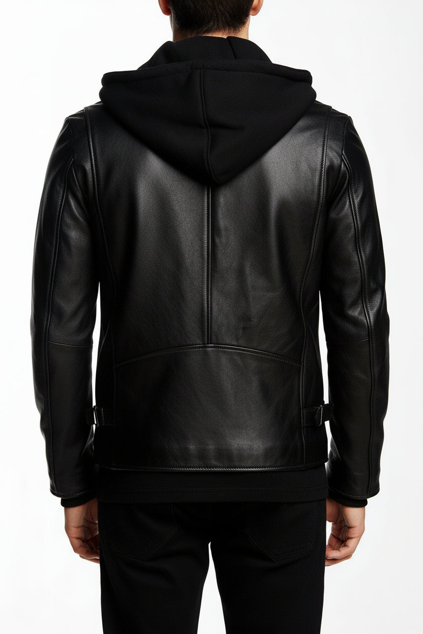 model-back-details - Men's Black Hooded Biker Leather Jacket with Detachable Hood