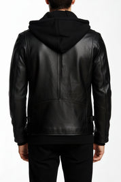 model-back-details - Men's Black Hooded Biker Leather Jacket with Detachable Hood